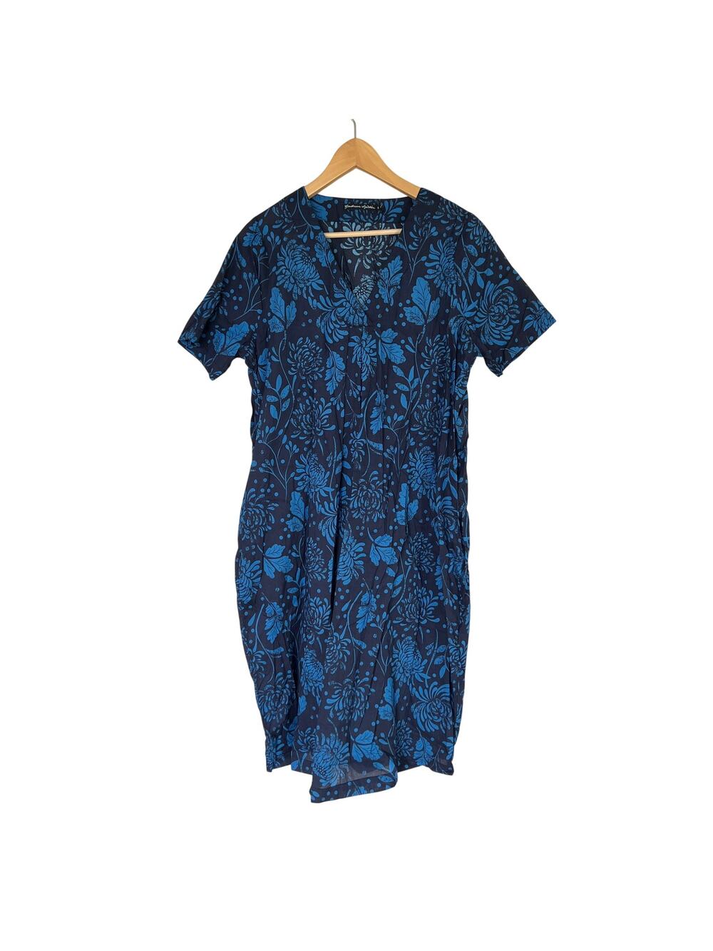 Gudrun Sjoden Dress Floral V-Neck Organic Cotton Comfort Lagenlook Size S Blue